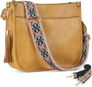 HKCLUF Vegan Leather Crossbody Bags Purse for Women Trendy Tassel Hobo Handbag Women With 2PCS Adjustable Guitar Strap
