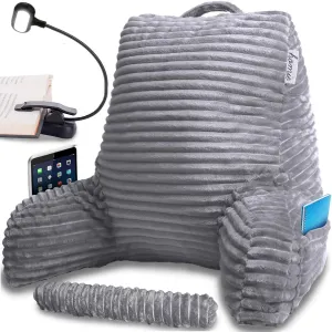 Homie Reading Pillow with Reading Light and Wrist Support, Has Arm Rests, and Back Support for Bed Rest, Lounging, Reading, Working on Laptop, Watching TV (Dark Gray, Large 18in x 31in)