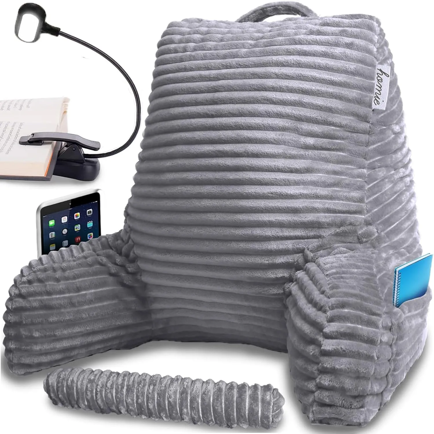 Homie Reading Pillow with Reading Light and Wrist Support, Has Arm Rests, and Back Support for Bed Rest, Lounging, Reading, Working on Laptop, Watching TV (Dark Gray, Large 18in x 31in)