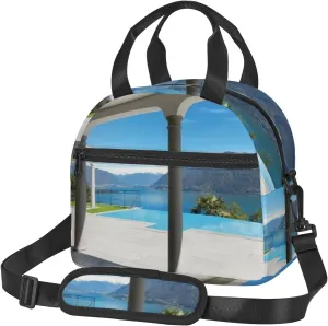 House With Pool,Insulated Reusable Lunch Bag with Adjustable Shoulder Strap for Adults,Terrace of A House with Pool,Leakproof Office Picnic Hiking Beach Tote Bag,Multicolor,9x5x7.8in
