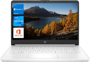HP Portable Laptop, Student and Business, 14" HD Display, Intel Quad-Core N4120, 16GB DDR4 RAM, 64GB eMMC, 1 Year Office 365, Webcam, SD Card Reader, HDMI, Wi-Fi, Windows 11 Home, White, KKE Mousepad