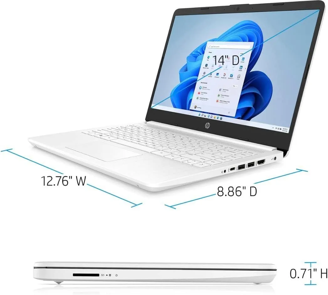 HP Portable Laptop, Student and Business, 14" HD Display, Intel Quad-Core N4120, 16GB DDR4 RAM, 64GB eMMC, 1 Year Office 365, Webcam, SD Card Reader, HDMI, Wi-Fi, Windows 11 Home, White, KKE Mousepad
