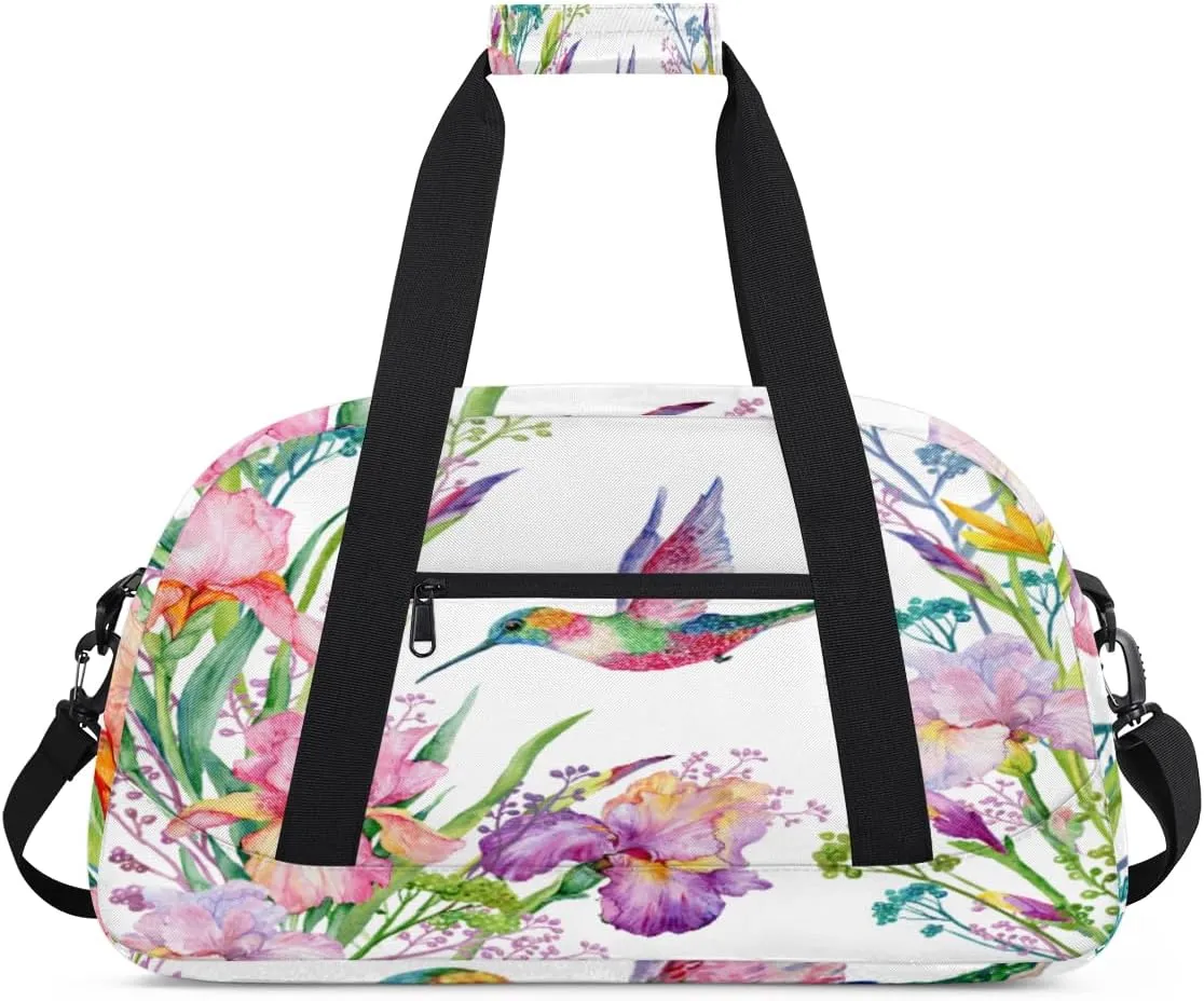 Hummingbird Animal Gym Duffel Bag for Men Women Spring Flowers Sports Tote Bag with Adjustable Shoulder Strap for Dance Gymnastics Traveling Outdoor Camping Overnight Stay