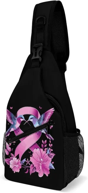 Hummingbirds Cancer Ribbon Flowers Crossbody Sling Bags Shoulder Backpack Chest DayPack Handbag