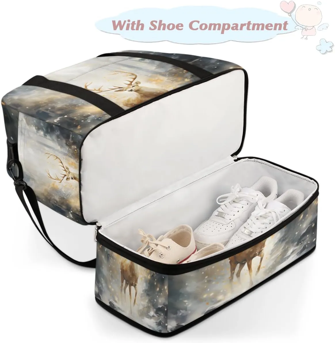 Hunting Deer Foldable Travel Duffel Bag Overnight Weekender Bag with Shoes Compartment Sports Gym Bag for Men Women