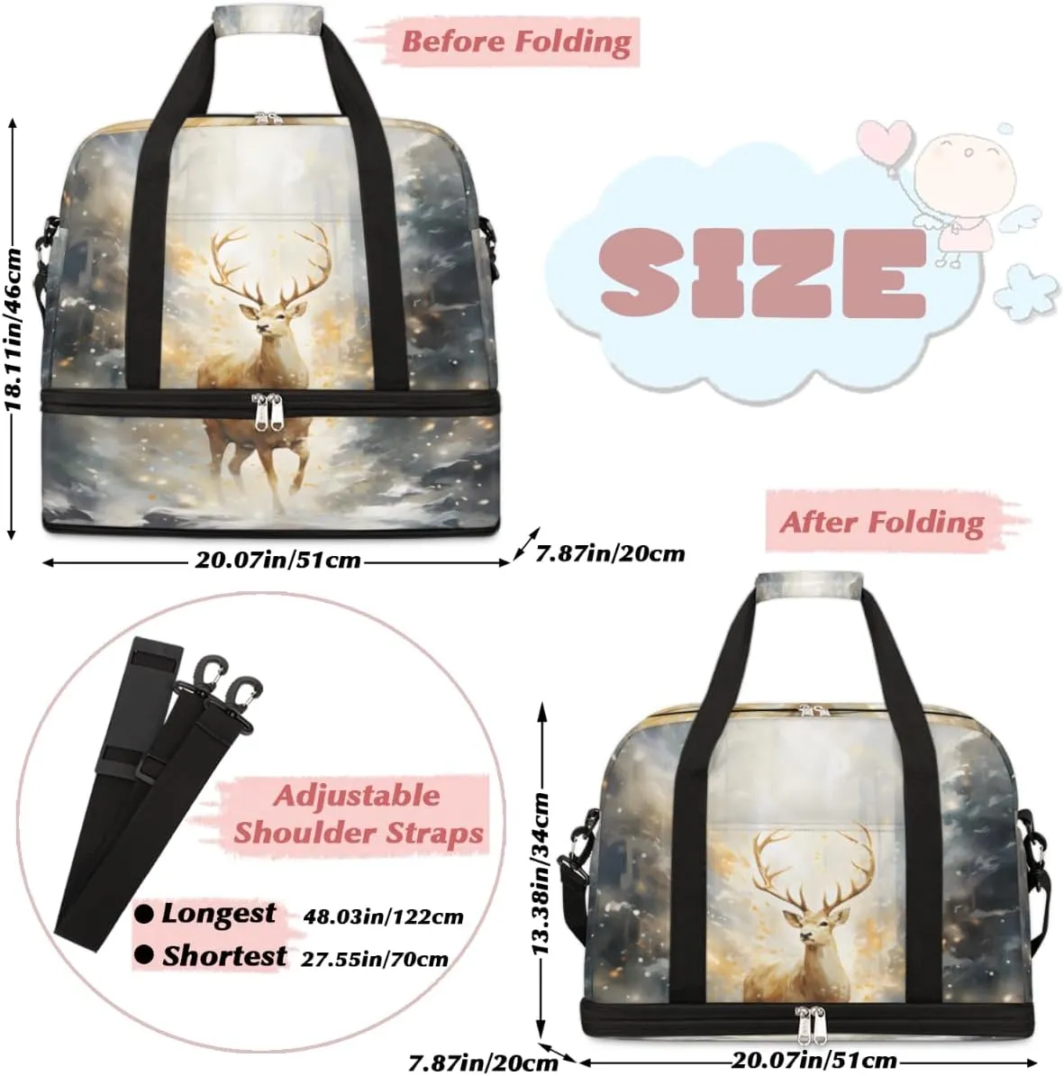 Hunting Deer Foldable Travel Duffel Bag Overnight Weekender Bag with Shoes Compartment Sports Gym Bag for Men Women