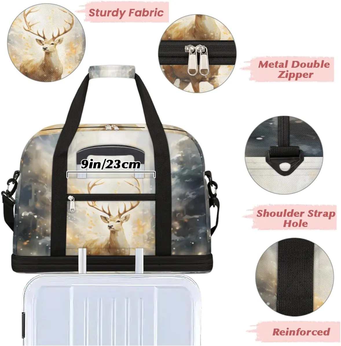 Hunting Deer Foldable Travel Duffel Bag Overnight Weekender Bag with Shoes Compartment Sports Gym Bag for Men Women