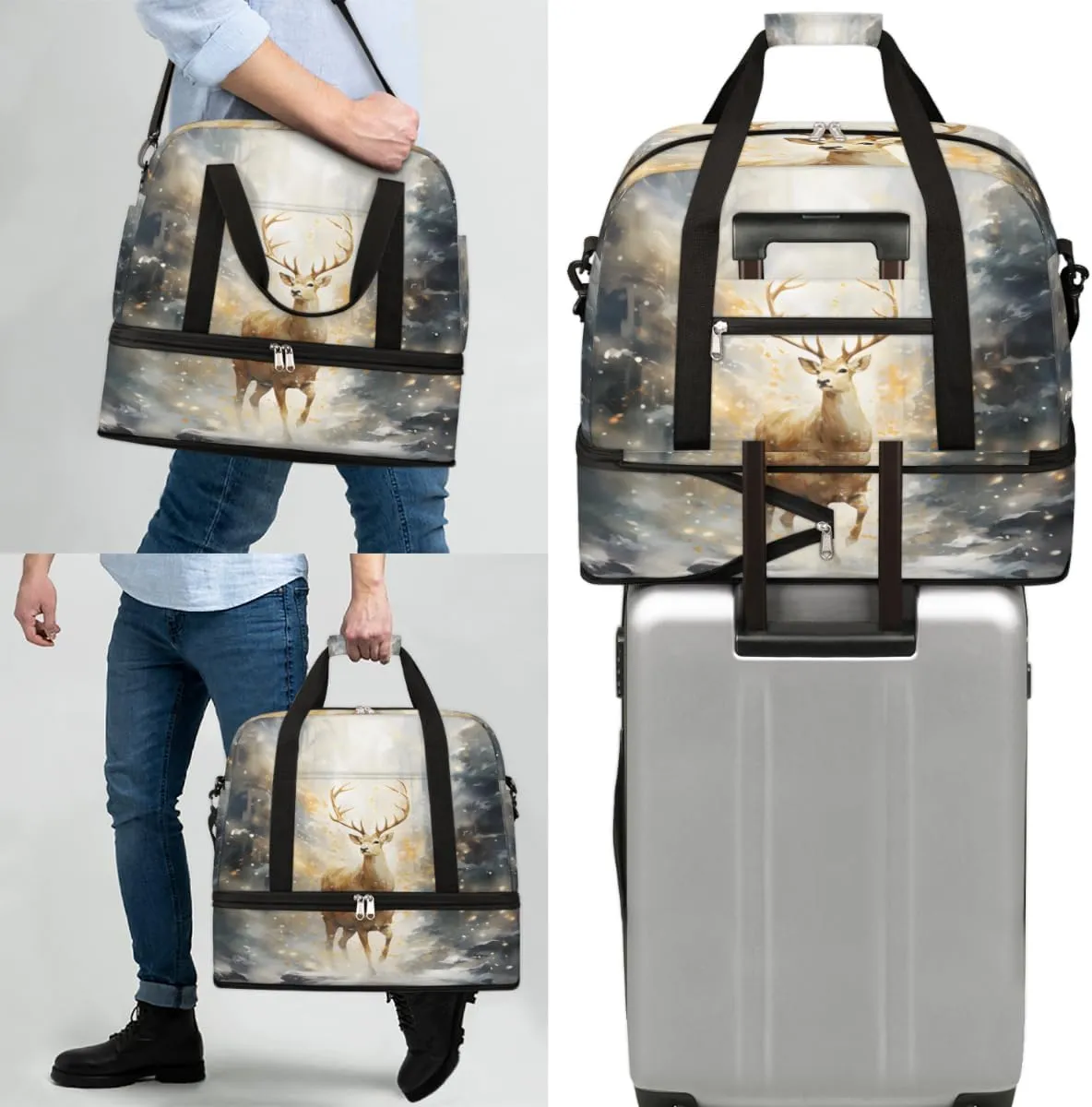 Hunting Deer Foldable Travel Duffel Bag Overnight Weekender Bag with Shoes Compartment Sports Gym Bag for Men Women