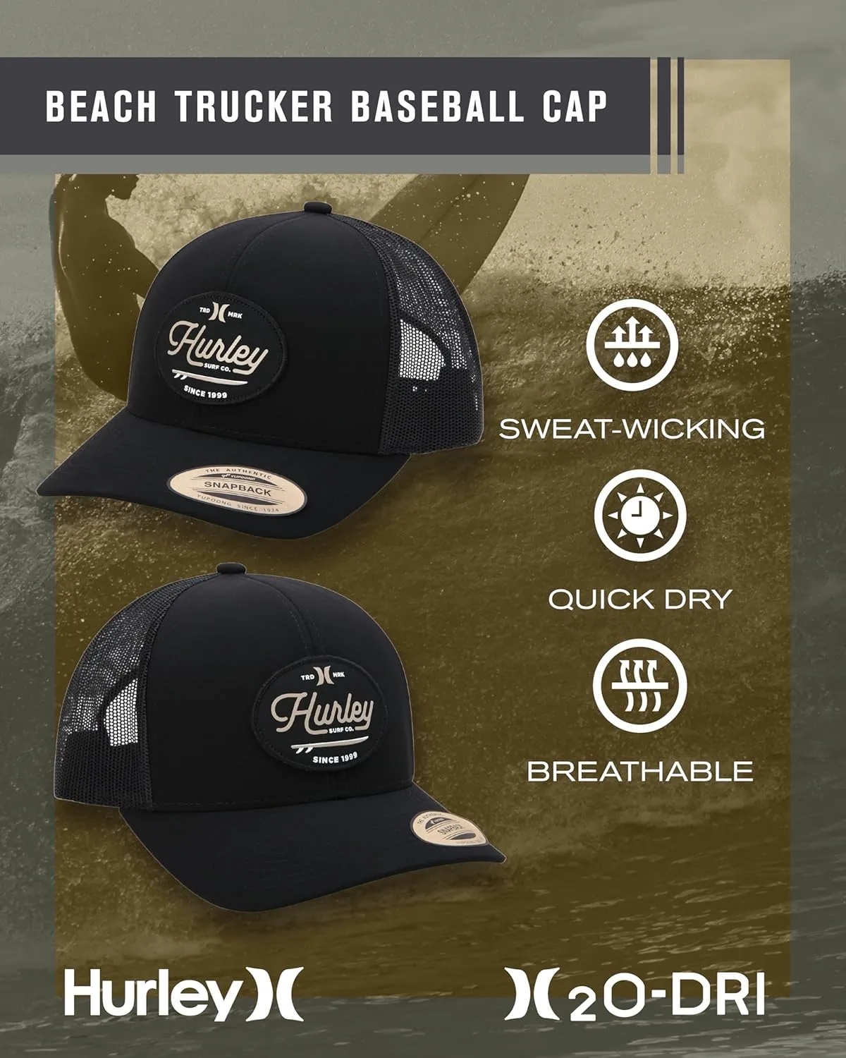 Hurley Mens' Hat - Beach Break Trucker Water Resistant Baseball Cap