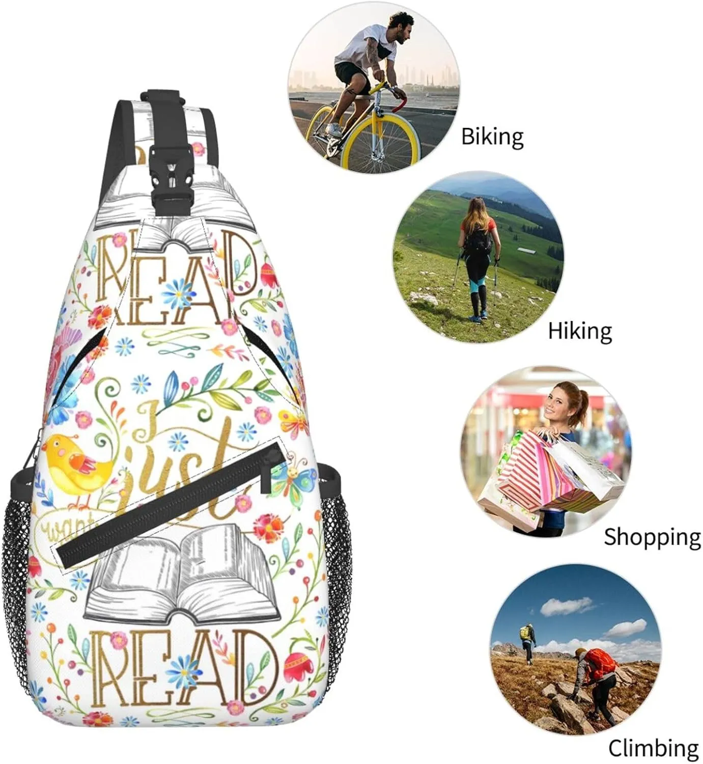 I Just Want To Read White Floral Chest Sling Bag Crossbody Shoulder Backpack Bag Gym Cycling Travel Hiking Daypack Cross Bag