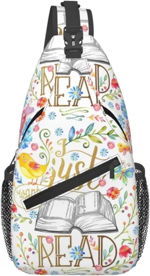 I Just Want To Read White Floral Chest Sling Bag Crossbody Shoulder Backpack Bag Gym Cycling Travel Hiking Daypack Cross Bag