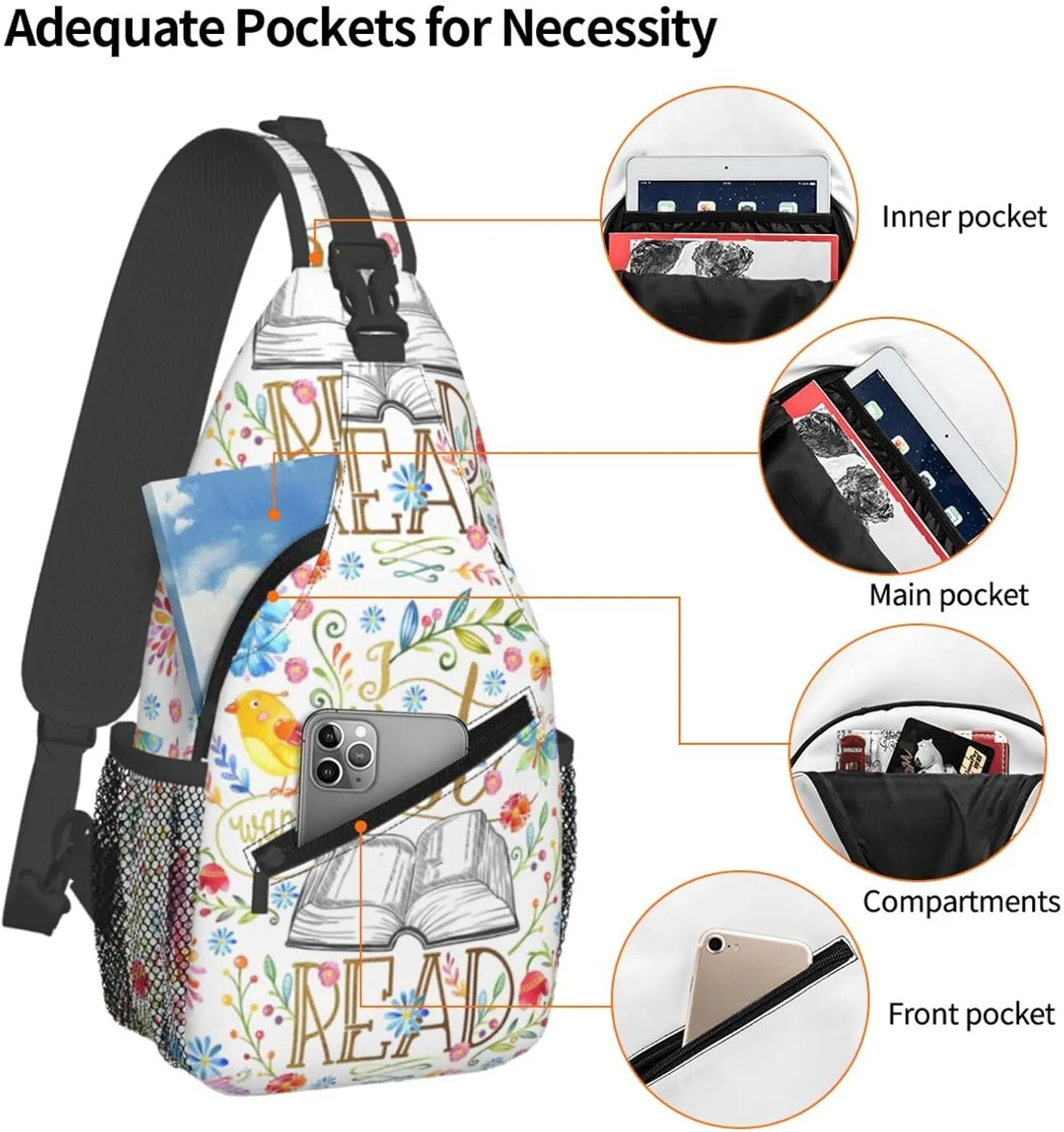 I Just Want To Read White Floral Chest Sling Bag Crossbody Shoulder Backpack Bag Gym Cycling Travel Hiking Daypack Cross Bag