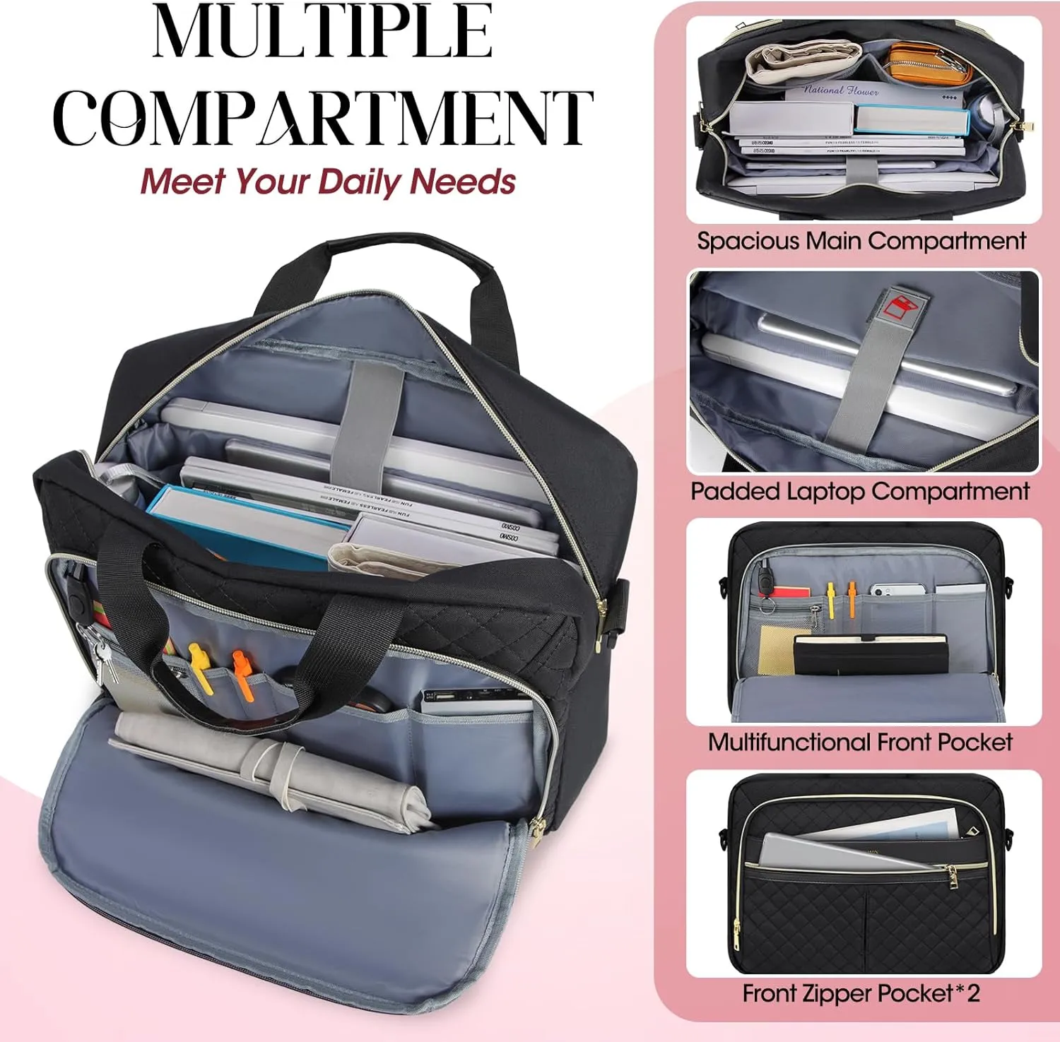 IGOLUMON Laptop Bag 15.6 Inch Laptop Briefcase for Women Men Waterproof Shoulder Computer Messenger Bag Large Laptop Bag Business Office Work Travel College, Black