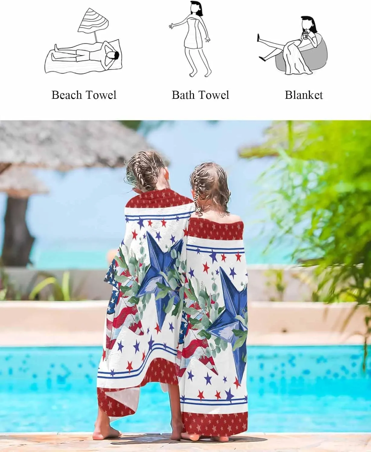 Independence Day American Star Leaf Beach Towels Quick Dry Bath Towel Large 30x60in,Red Frame USA Flag Theme Oversized Sand-proof Beach Blanket Microfiber Absorbent Towels for Pool,Swim,Travel,Yoga