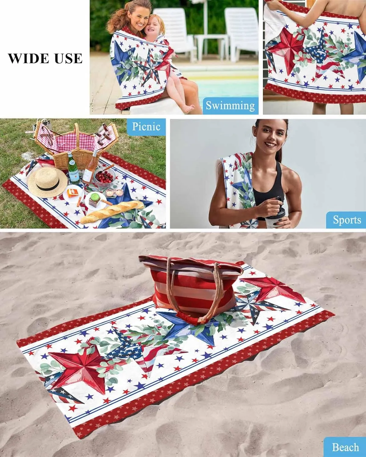 Independence Day American Star Leaf Beach Towels Quick Dry Bath Towel Large 30x60in,Red Frame USA Flag Theme Oversized Sand-proof Beach Blanket Microfiber Absorbent Towels for Pool,Swim,Travel,Yoga