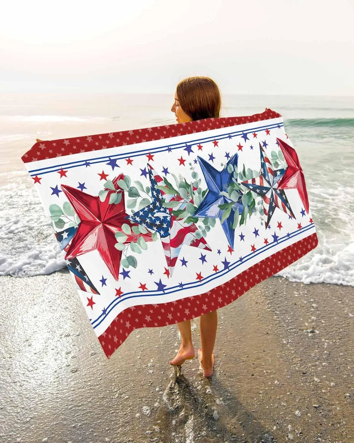 Independence Day American Star Leaf Beach Towels Quick Dry Bath Towel Large 30x60in,Red Frame USA Flag Theme Oversized Sand-proof Beach Blanket Microfiber Absorbent Towels for Pool,Swim,Travel,Yoga
