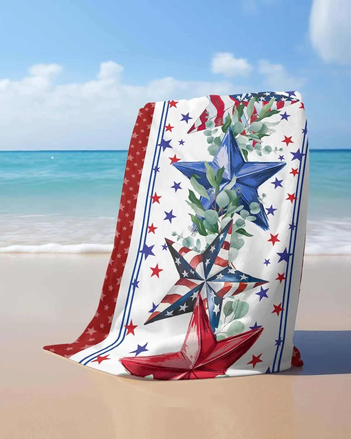 Independence Day American Star Leaf Beach Towels Quick Dry Bath Towel Large 30x60in,Red Frame USA Flag Theme Oversized Sand-proof Beach Blanket Microfiber Absorbent Towels for Pool,Swim,Travel,Yoga