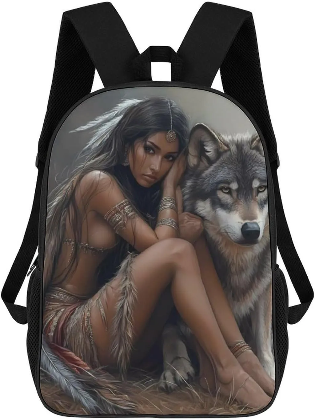 Indian Maiden And Wolf Native Am-erican Laptop Backpack for Men Women 17 Inch Shoulder Bag Travel Daypack