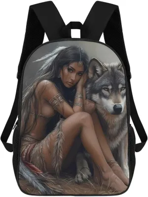 Indian Maiden And Wolf Native Am-erican Laptop Backpack for Men Women 17 Inch Shoulder Bag Travel Daypack