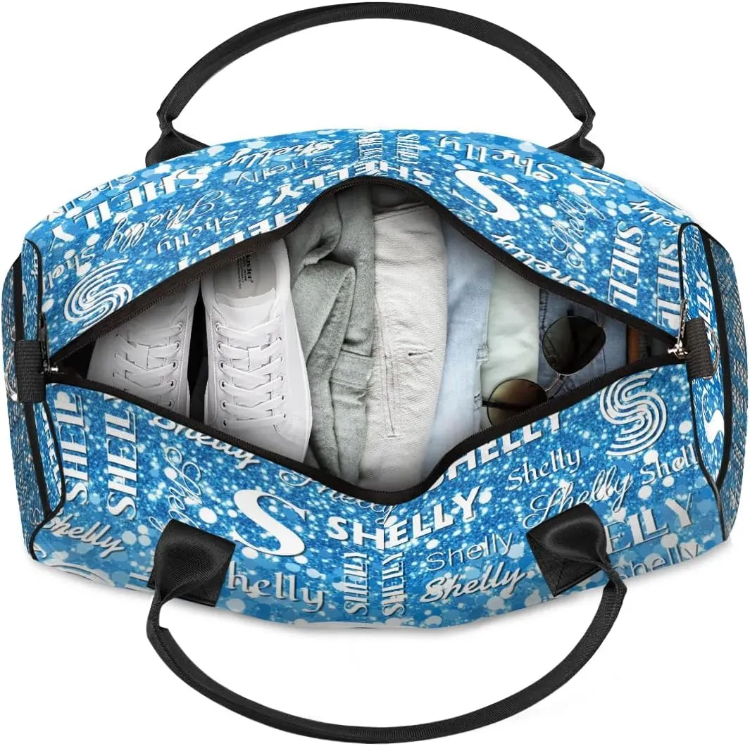 Initial Duffle Bag Personalized Travel Sports Duffel Bag Custom Name Weekender Overnight Bag Foldable Gym Bag Travel Dance Gymnastics Duffel Tote Bag Blue Glitter