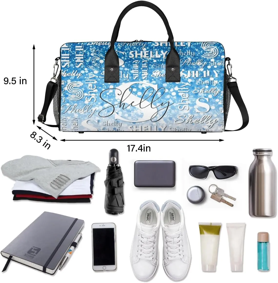 Initial Duffle Bag Personalized Travel Sports Duffel Bag Custom Name Weekender Overnight Bag Foldable Gym Bag Travel Dance Gymnastics Duffel Tote Bag Blue Glitter