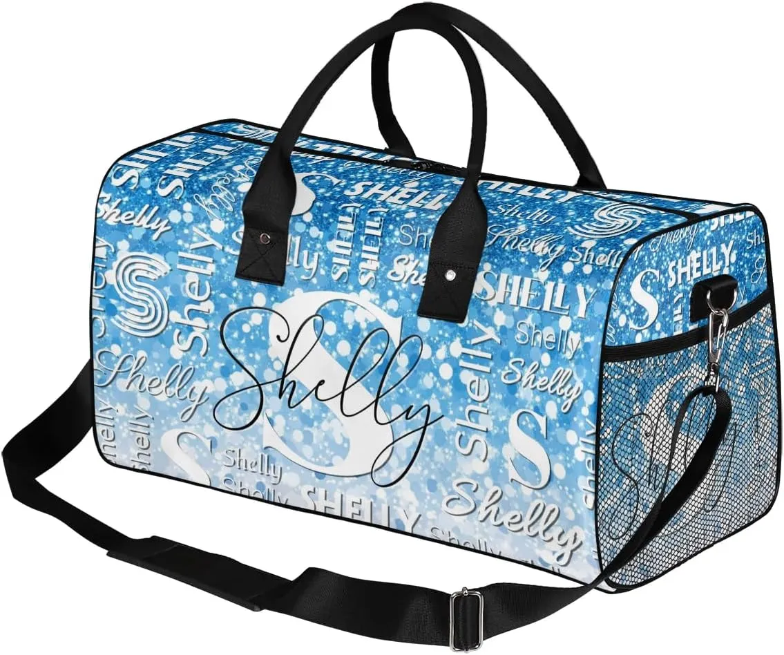 Initial Duffle Bag Personalized Travel Sports Duffel Bag Custom Name Weekender Overnight Bag Foldable Gym Bag Travel Dance Gymnastics Duffel Tote Bag Blue Glitter