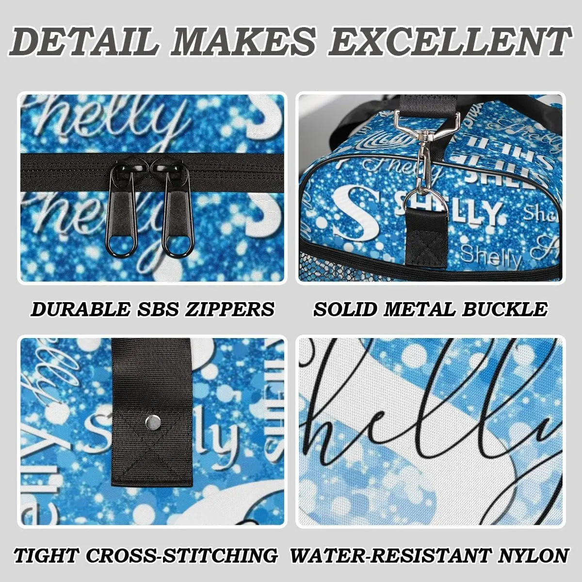 Initial Duffle Bag Personalized Travel Sports Duffel Bag Custom Name Weekender Overnight Bag Foldable Gym Bag Travel Dance Gymnastics Duffel Tote Bag Blue Glitter