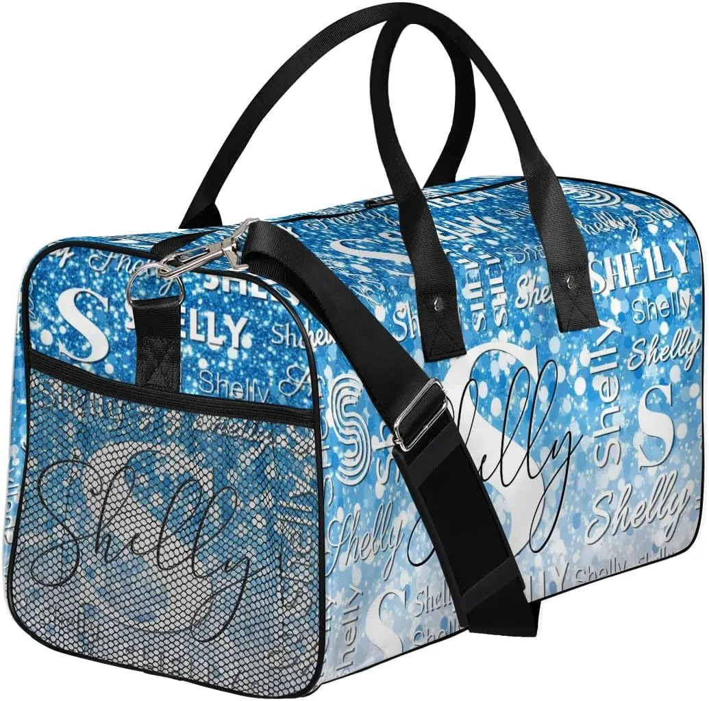 Initial Duffle Bag Personalized Travel Sports Duffel Bag Custom Name Weekender Overnight Bag Foldable Gym Bag Travel Dance Gymnastics Duffel Tote Bag Blue Glitter