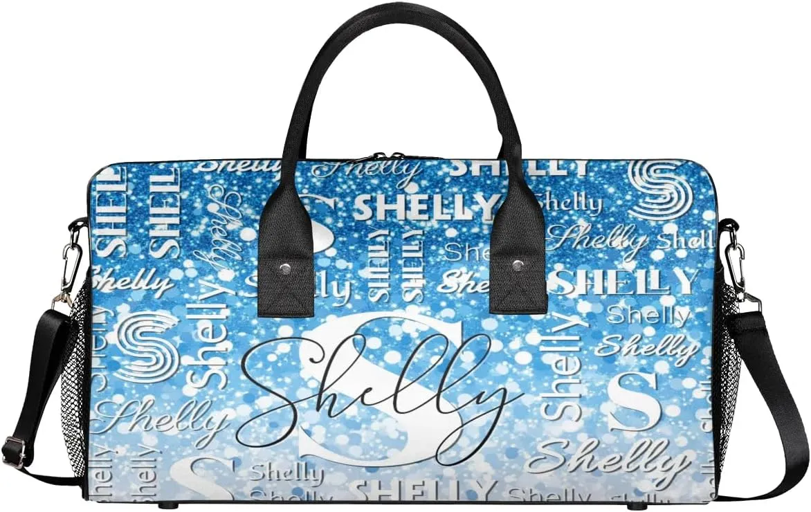 Initial Duffle Bag Personalized Travel Sports Duffel Bag Custom Name Weekender Overnight Bag Foldable Gym Bag Travel Dance Gymnastics Duffel Tote Bag Blue Glitter