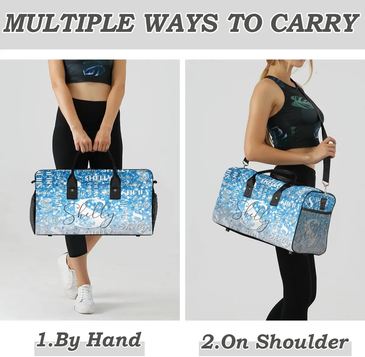 Initial Duffle Bag Personalized Travel Sports Duffel Bag Custom Name Weekender Overnight Bag Foldable Gym Bag Travel Dance Gymnastics Duffel Tote Bag Blue Glitter