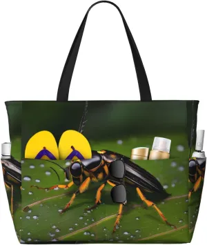 Insects on leaves Print 28L Beach Tote Bag, Water-resistant Travel Tote, Lightweight Gym & Camping Carryall
