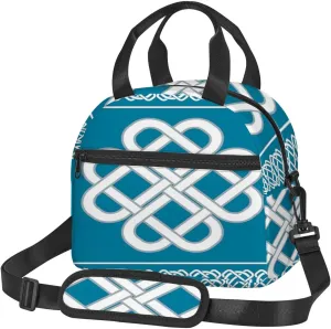 Irish Pattern,Insulated Lunch Bag for Women/Men,Celtic Love Knot Fortune Symbol Design,Reusable Leakproof Cooler Tote Bag Organizer with Adjustable Shoulder Strap for Adult,Blue White