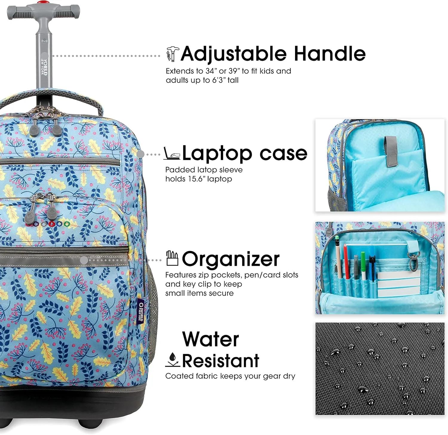 J World New York Sundance Rolling Backpack Girl Boy Roller Bookbag, Sky Leaves, 20 X 13 X 9 (H X W X D)