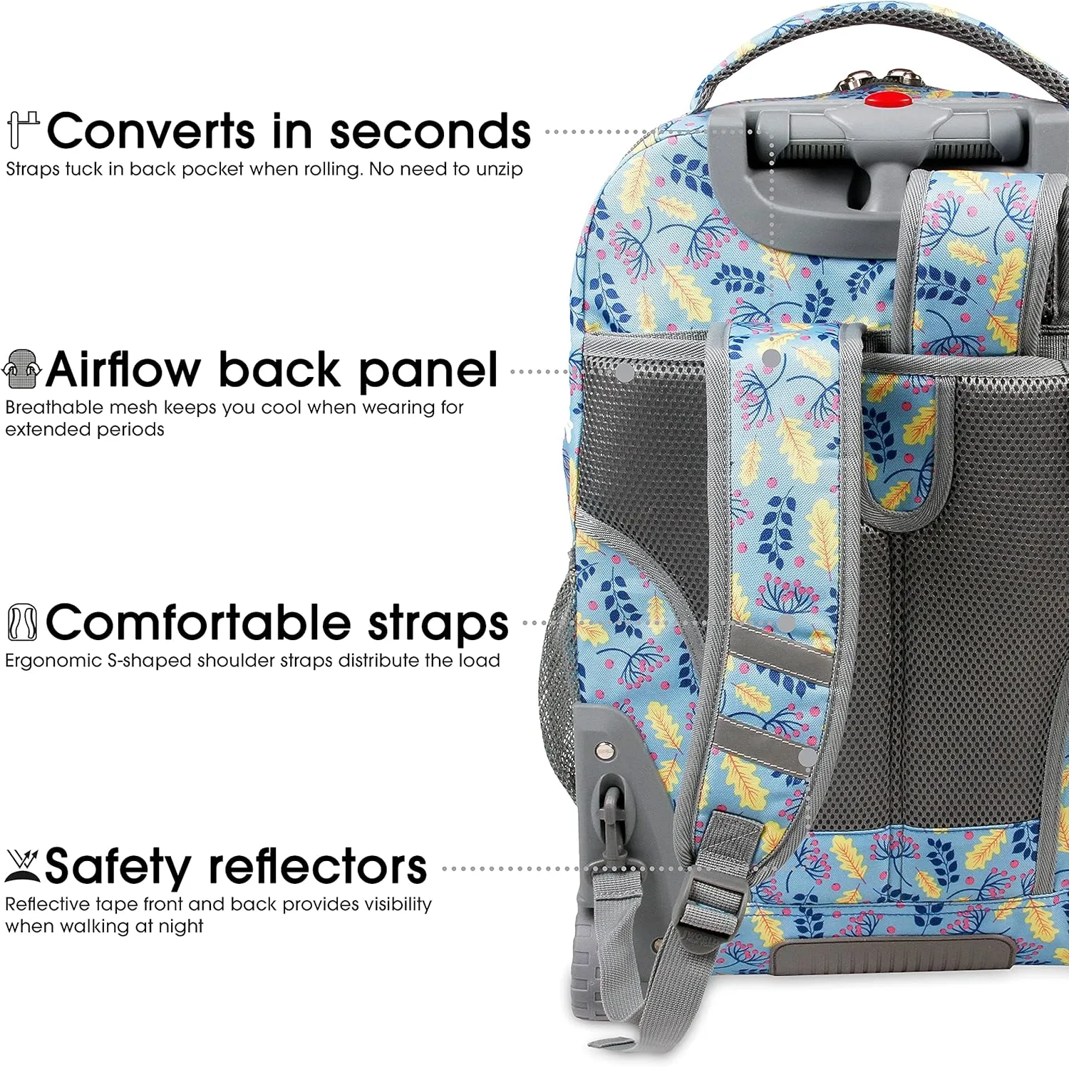 J World New York Sundance Rolling Backpack Girl Boy Roller Bookbag, Sky Leaves, 20 X 13 X 9 (H X W X D)