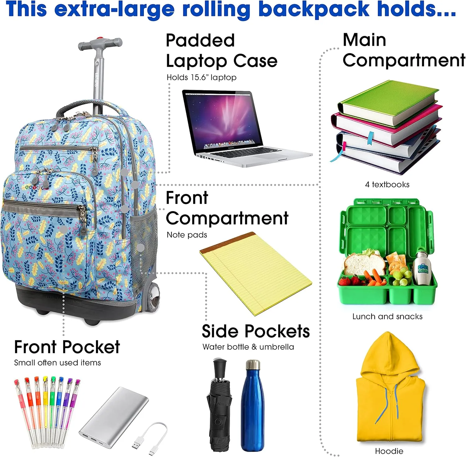 J World New York Sundance Rolling Backpack Girl Boy Roller Bookbag, Sky Leaves, 20 X 13 X 9 (H X W X D)