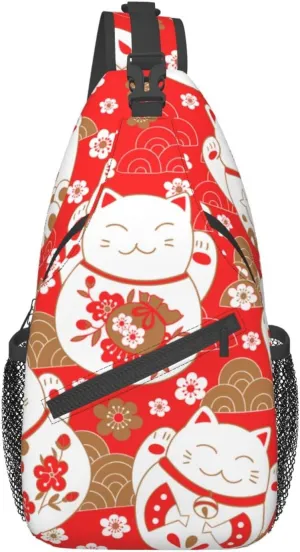 Japanese Cute Lucky Cats Sling Backpack Chest Bag Fashion Crossbody Shoulder Bags Casual Daypack For Men Women
