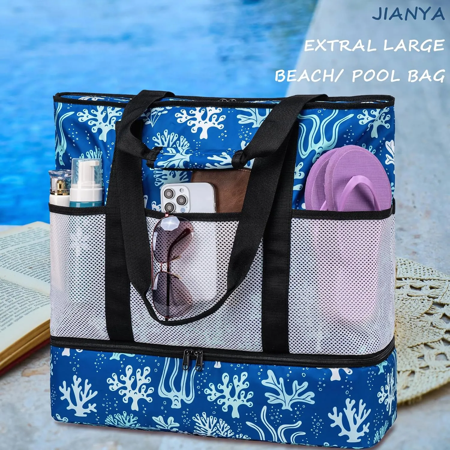 JIANYA Beach Bag XL Women Waterproof Beach Tote Pool Bags with Cooler Sandproof Beach Essentials for Beach Vacation Travel