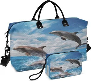 Jumping Dolphins Travel Duffel Bag, Shoulder Weekender Overnight Bags - Large Gym Bag with Wet Pocket