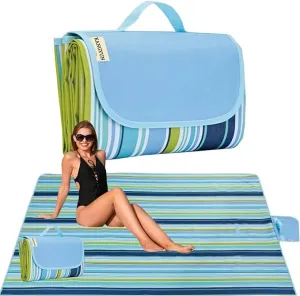 K Y KANGYUN Beach Blanket Outdoor Picnic Blanket Mat 80"x60" Extra Large Waterproof Sand Proof Camping Blanket Lightweight Folding Portable Travel Blanket for Family Park Beach Grass (Blue Line)