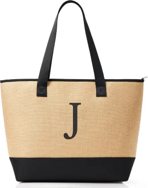 KALIDI Woven Tote Bag for Women, Lightweigh Monogram Beach Bag with Zipper & Sand-Proof Canvas Base, Personalized Gift