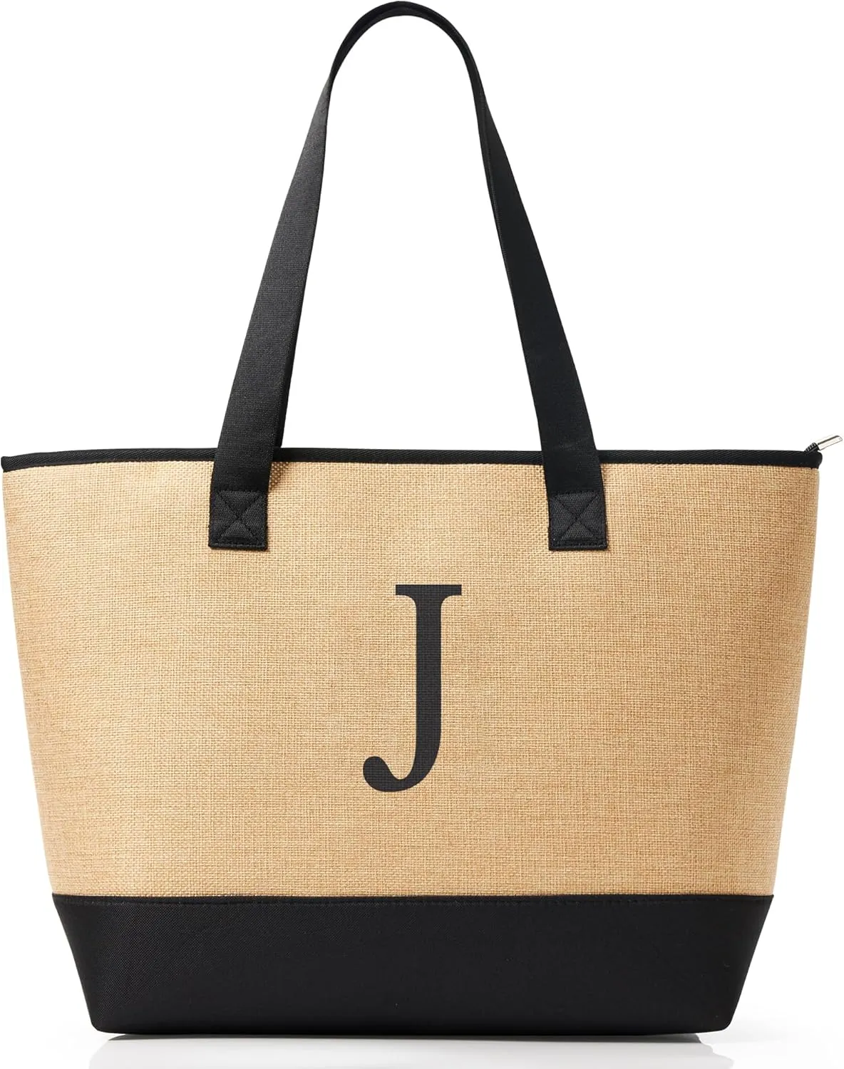 KALIDI Woven Tote Bag for Women, Lightweigh Monogram Beach Bag with Zipper & Sand-Proof Canvas Base, Personalized Gift