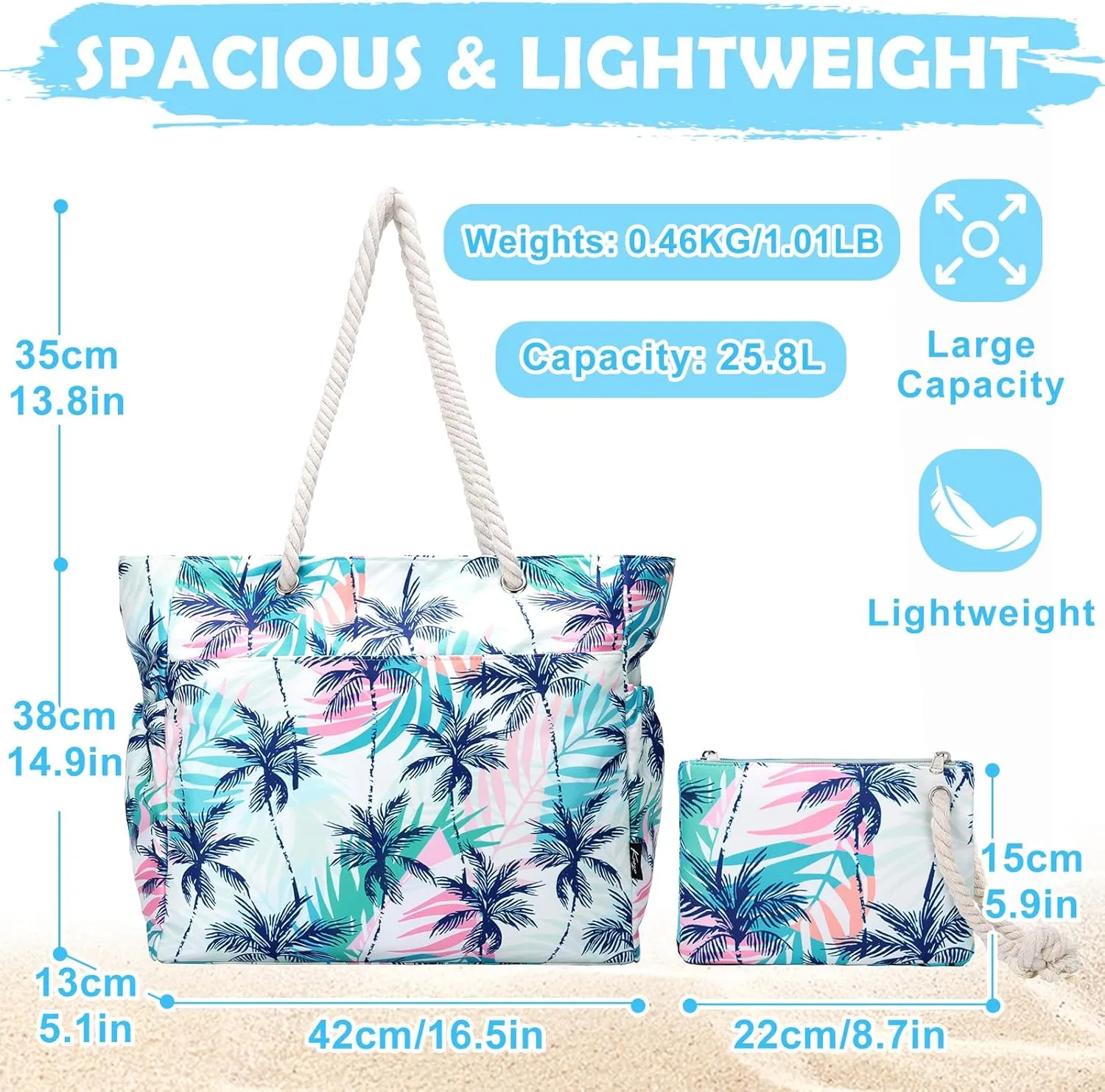 Kasqo Beach Bags for Women, Large Waterproof Beach Bag Tote Zipper Swim Pool Bag with Small Pouch for Grocery Travel Vacation