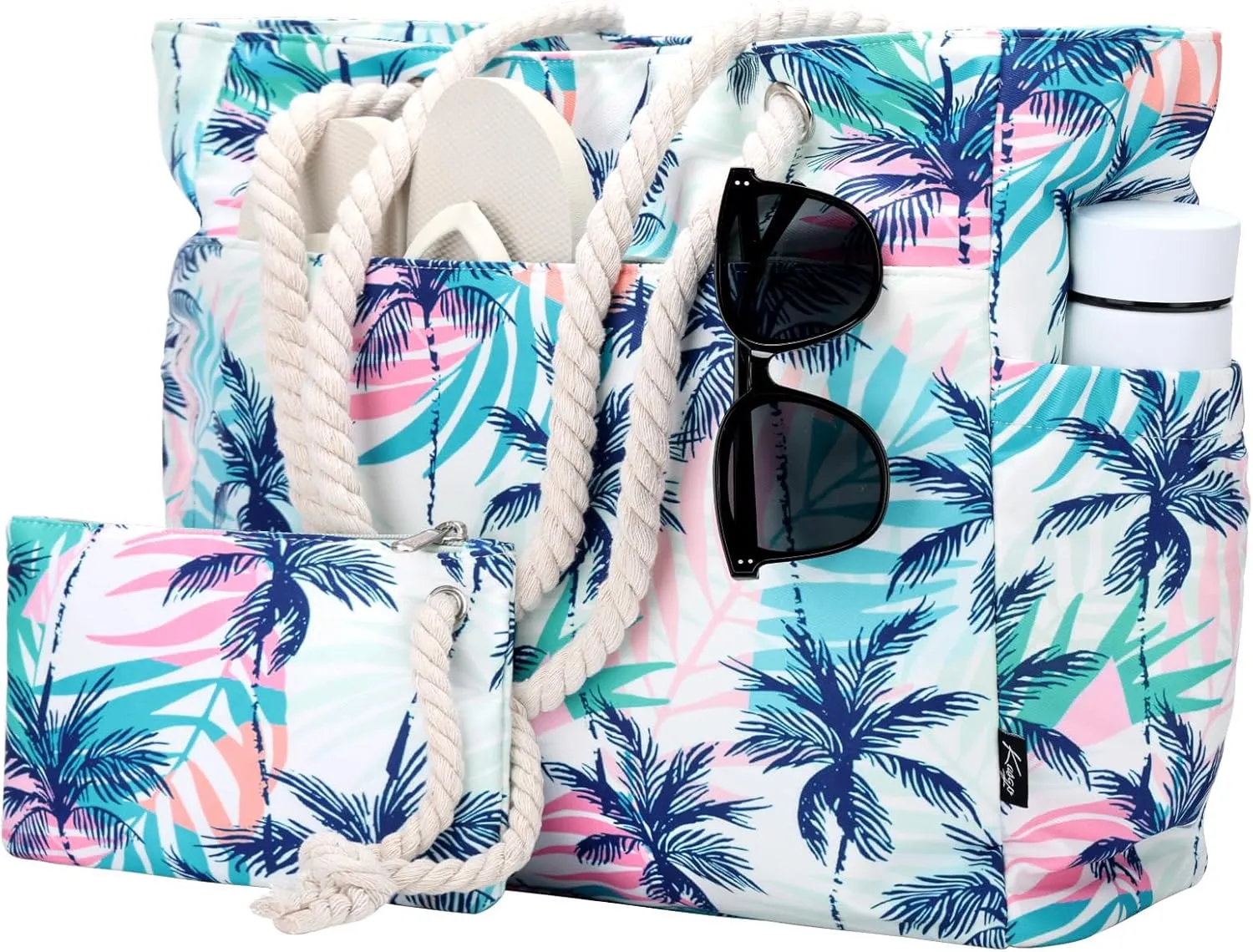 Kasqo Beach Bags for Women, Large Waterproof Beach Bag Tote Zipper Swim Pool Bag with Small Pouch for Grocery Travel Vacation