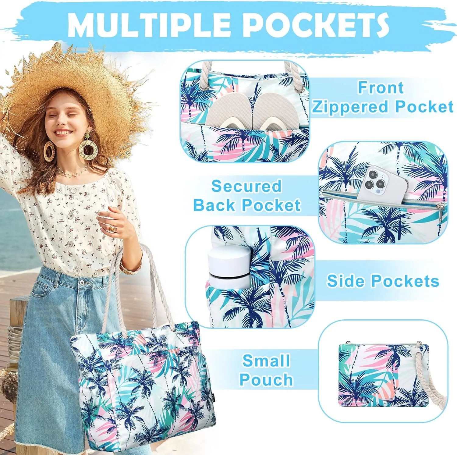 Kasqo Beach Bags for Women, Large Waterproof Beach Bag Tote Zipper Swim Pool Bag with Small Pouch for Grocery Travel Vacation