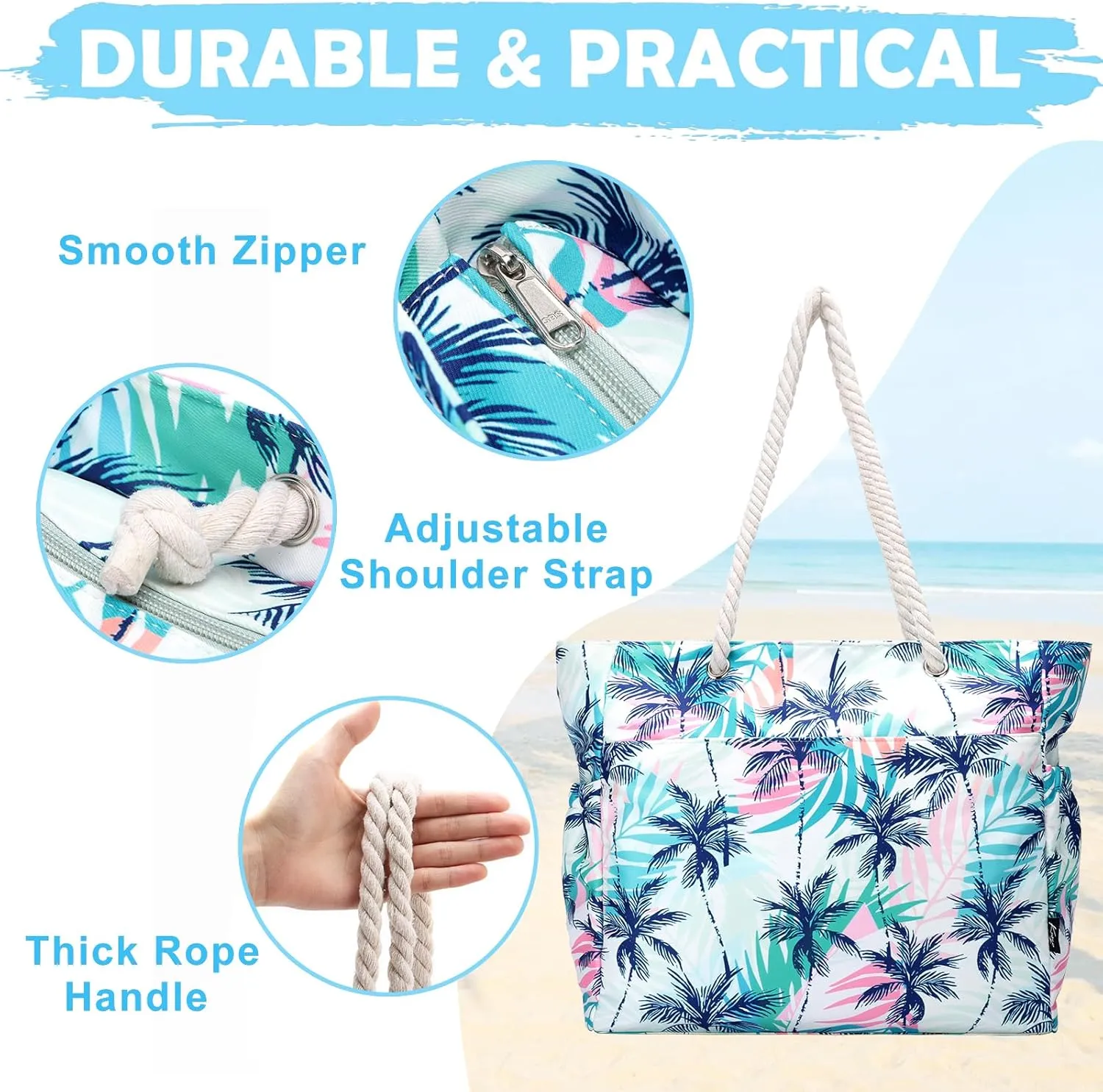 Kasqo Beach Bags for Women, Large Waterproof Beach Bag Tote Zipper Swim Pool Bag with Small Pouch for Grocery Travel Vacation