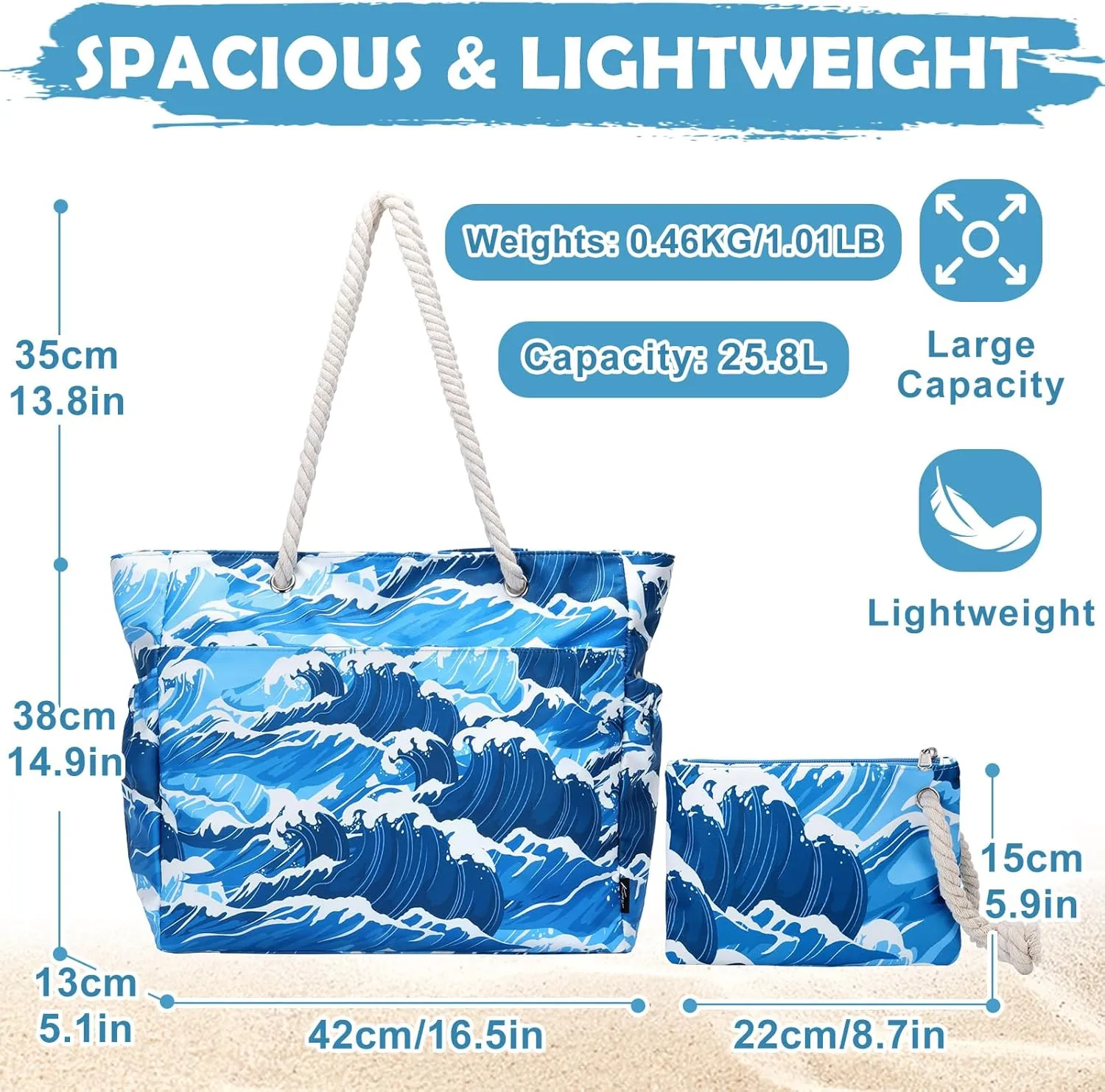 Kasqo Beach Bags for Women, Large Waterproof Beach Bag Tote Zipper Swim Pool Bag with Small Pouch for Grocery Travel Vacation