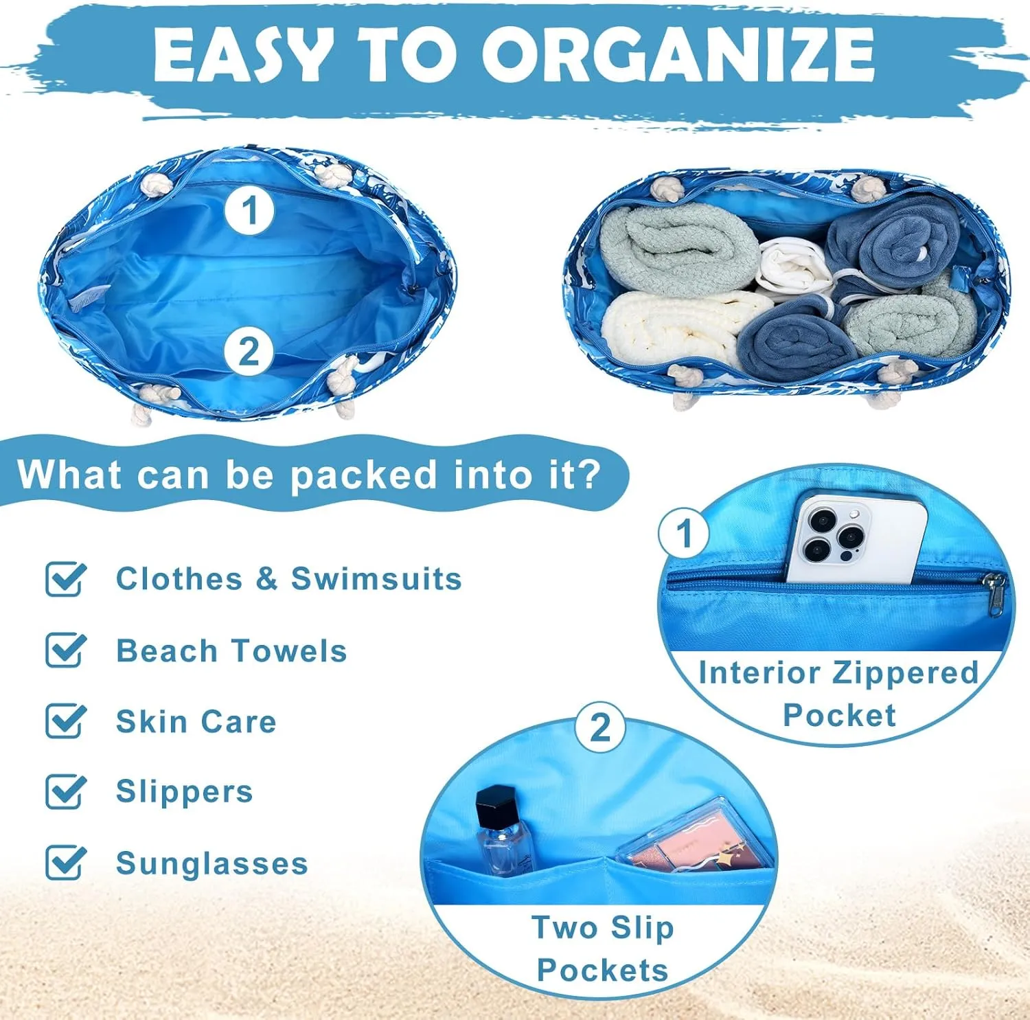 Kasqo Beach Bags for Women, Large Waterproof Beach Bag Tote Zipper Swim Pool Bag with Small Pouch for Grocery Travel Vacation