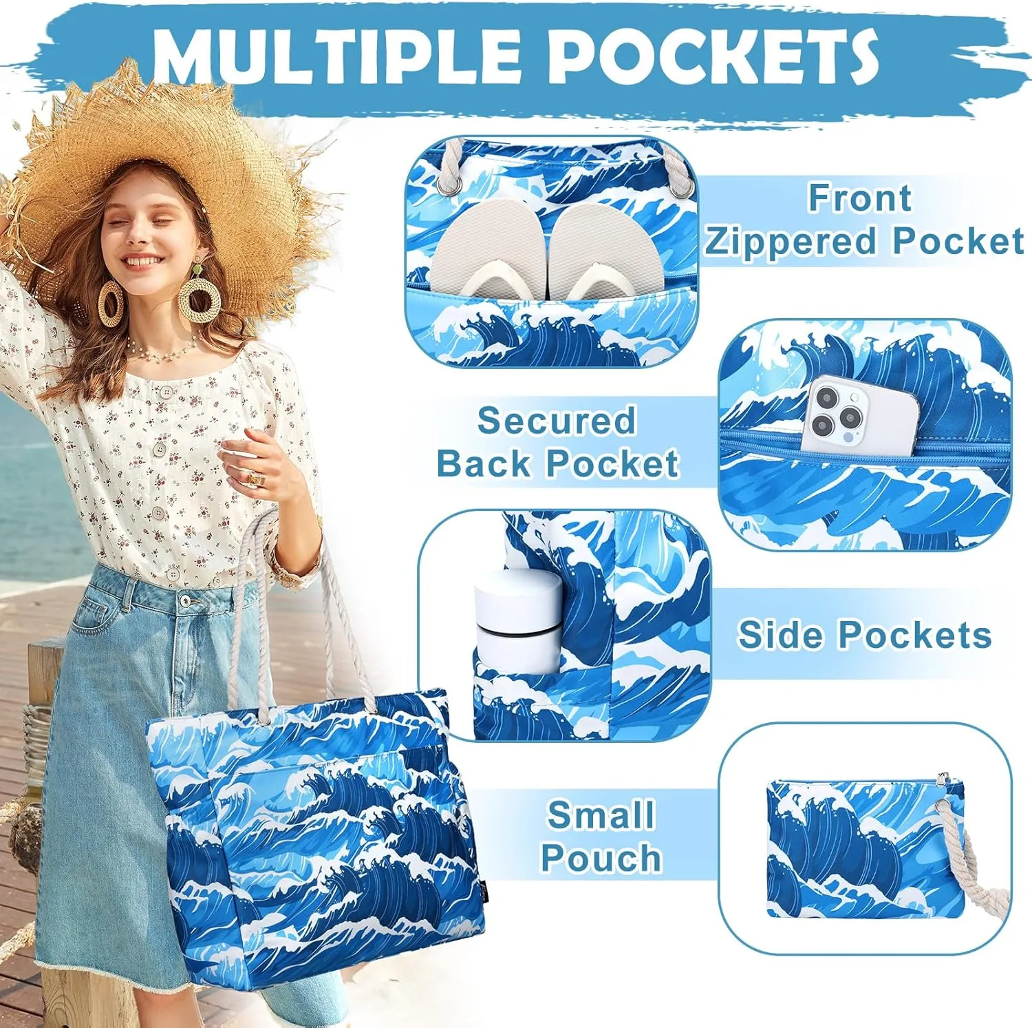 Kasqo Beach Bags for Women, Large Waterproof Beach Bag Tote Zipper Swim Pool Bag with Small Pouch for Grocery Travel Vacation