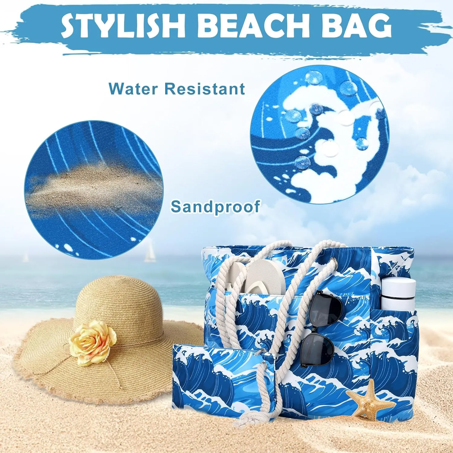 Kasqo Beach Bags for Women, Large Waterproof Beach Bag Tote Zipper Swim Pool Bag with Small Pouch for Grocery Travel Vacation