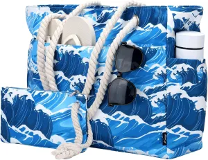 Kasqo Beach Bags for Women, Large Waterproof Beach Bag Tote Zipper Swim Pool Bag with Small Pouch for Grocery Travel Vacation